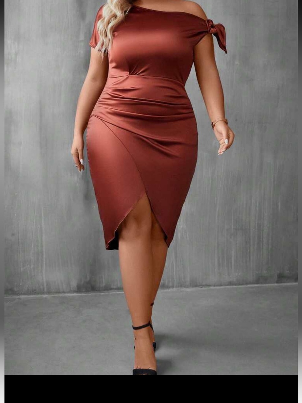 SHEIN Plus 2X Chocolate Brown Satin Asymmetrical Wrap Dress Luxe date night